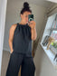 Crinkle Halter Neck Top - Black