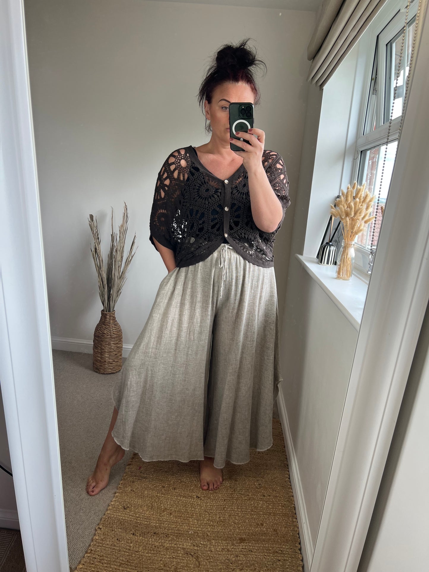 Linen Mix Floaty Trousers - Mocha