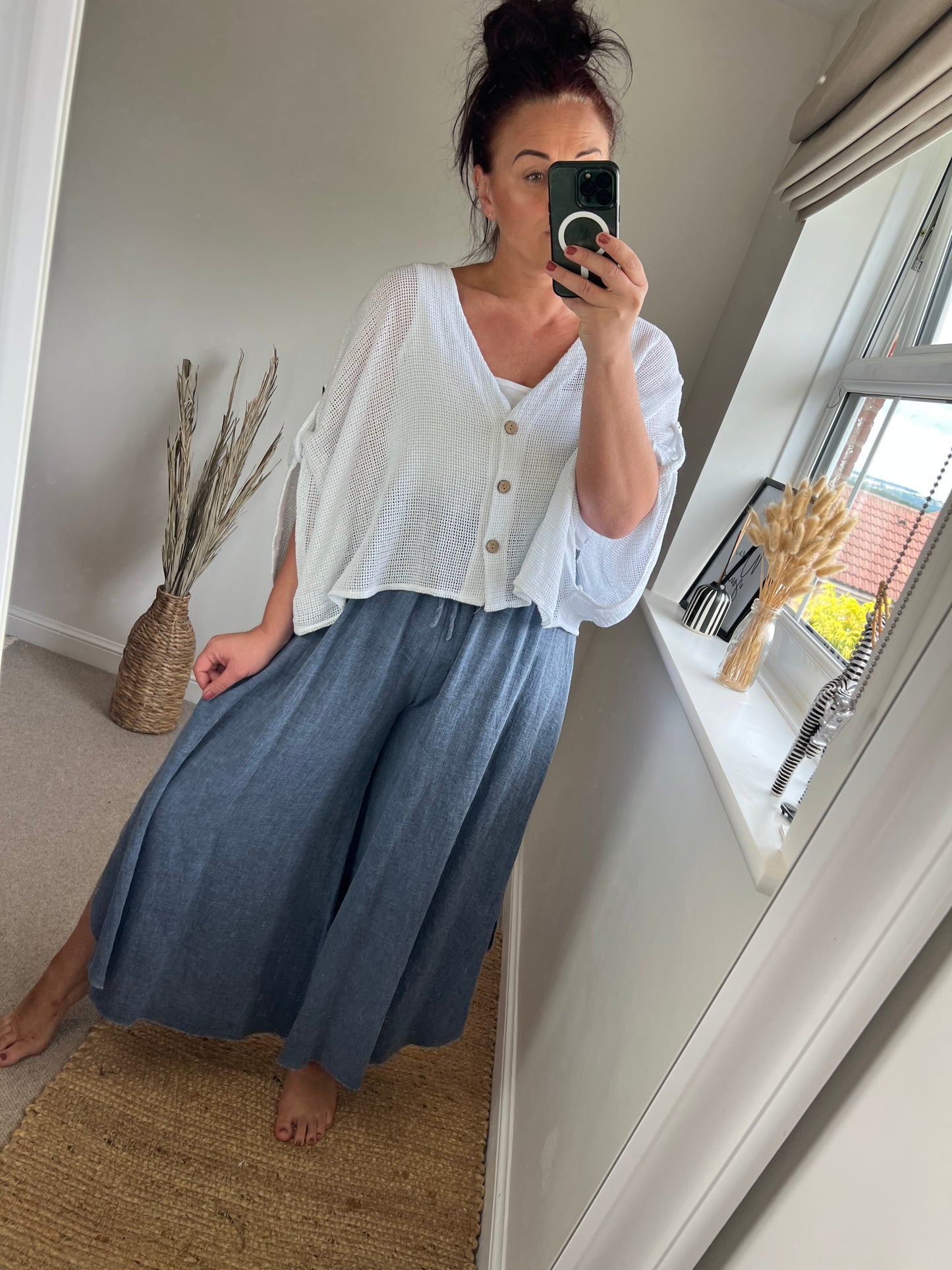 Linen Mix Floaty Trousers - Denim Blue