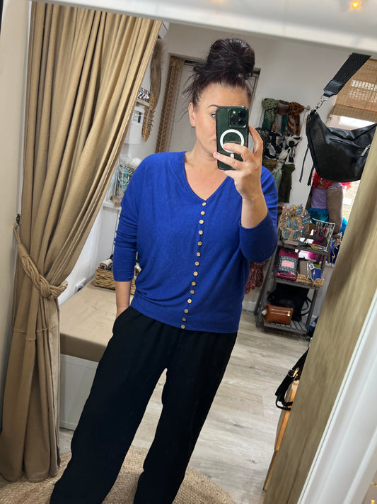 Fine Knit Tiny Button Jumper - Cobalt