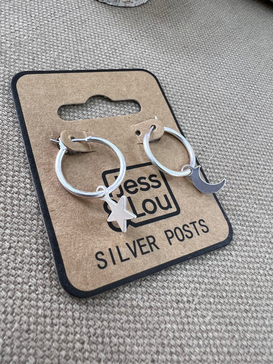 Jess & Lou Silver Plated Huggie Moon & Star Earrings