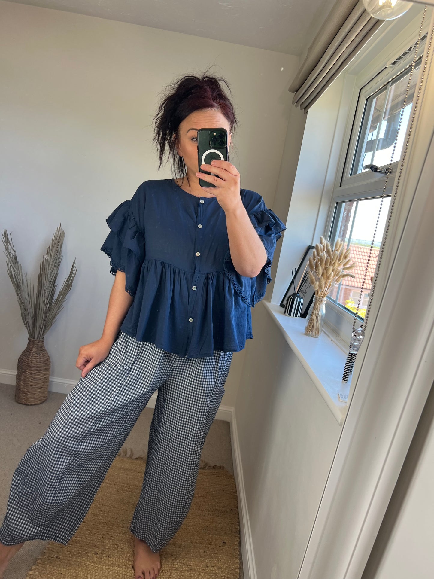 Ruffle Sleeve Smock Shirt - Navy