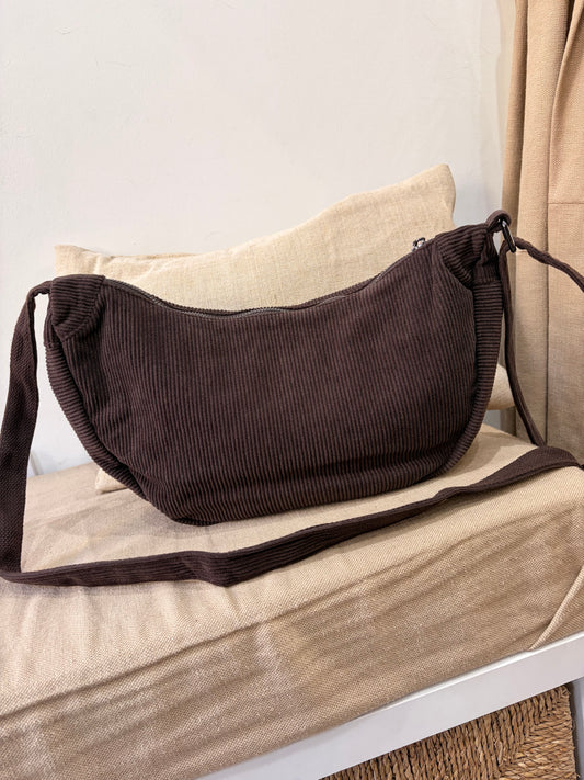 Cord Half Moon Crossbody Bag - Chocolate