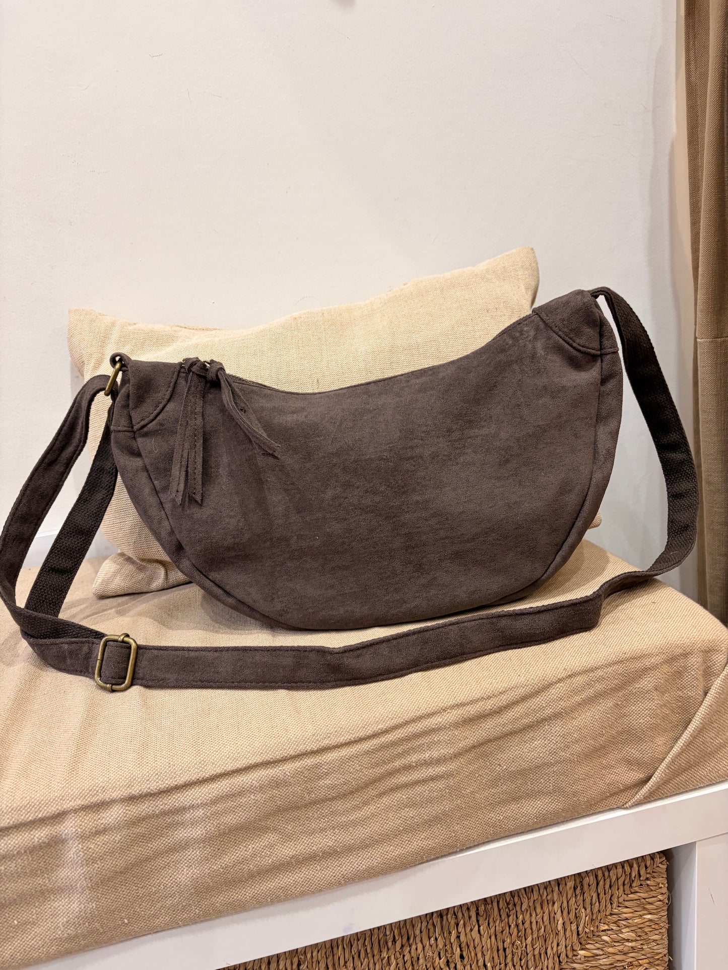 Faux Suede Half Moon Crossbody Bag - Chocolate