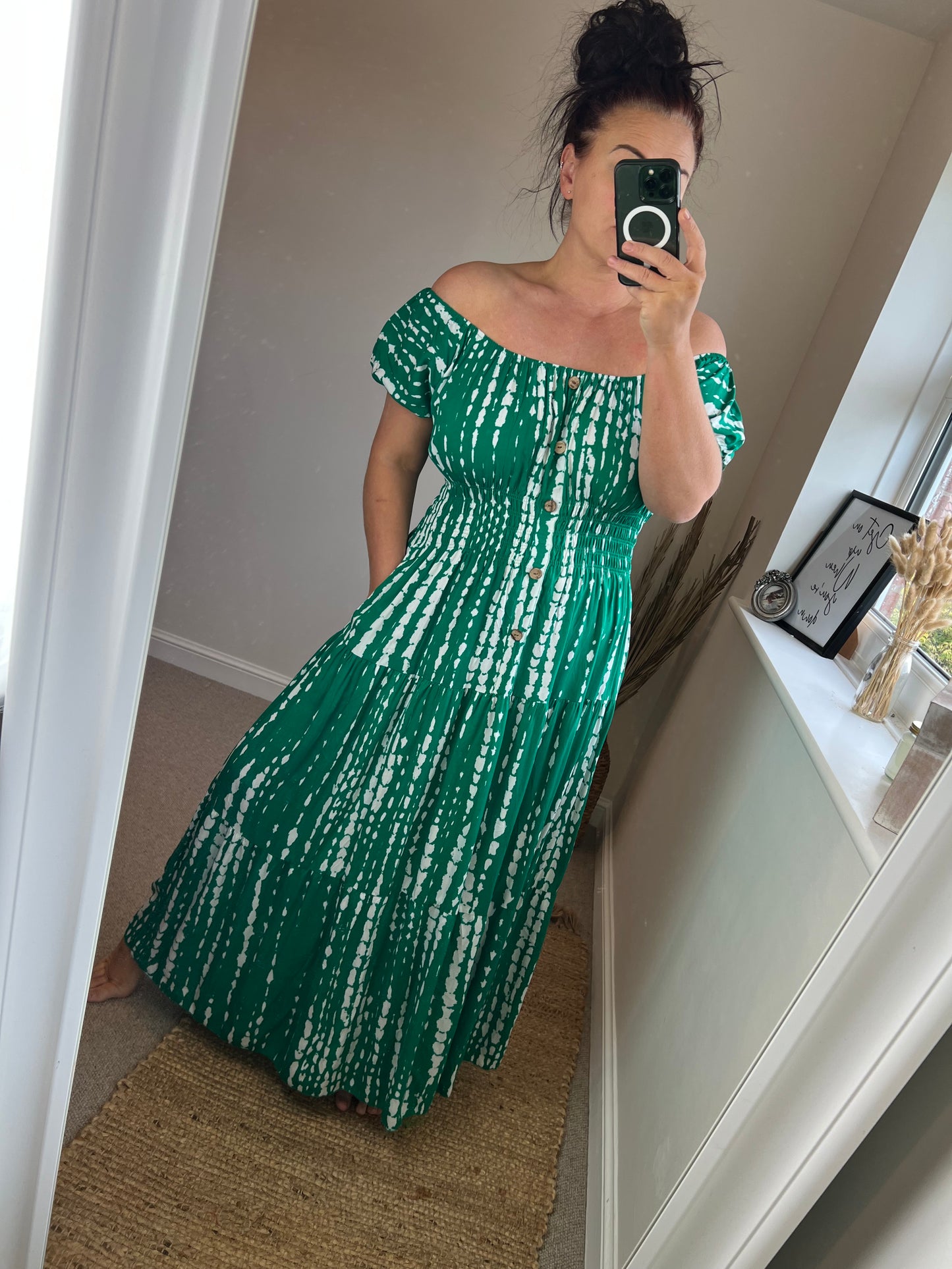 STEVIE Maxi Button Dress with Pockets - Green/White