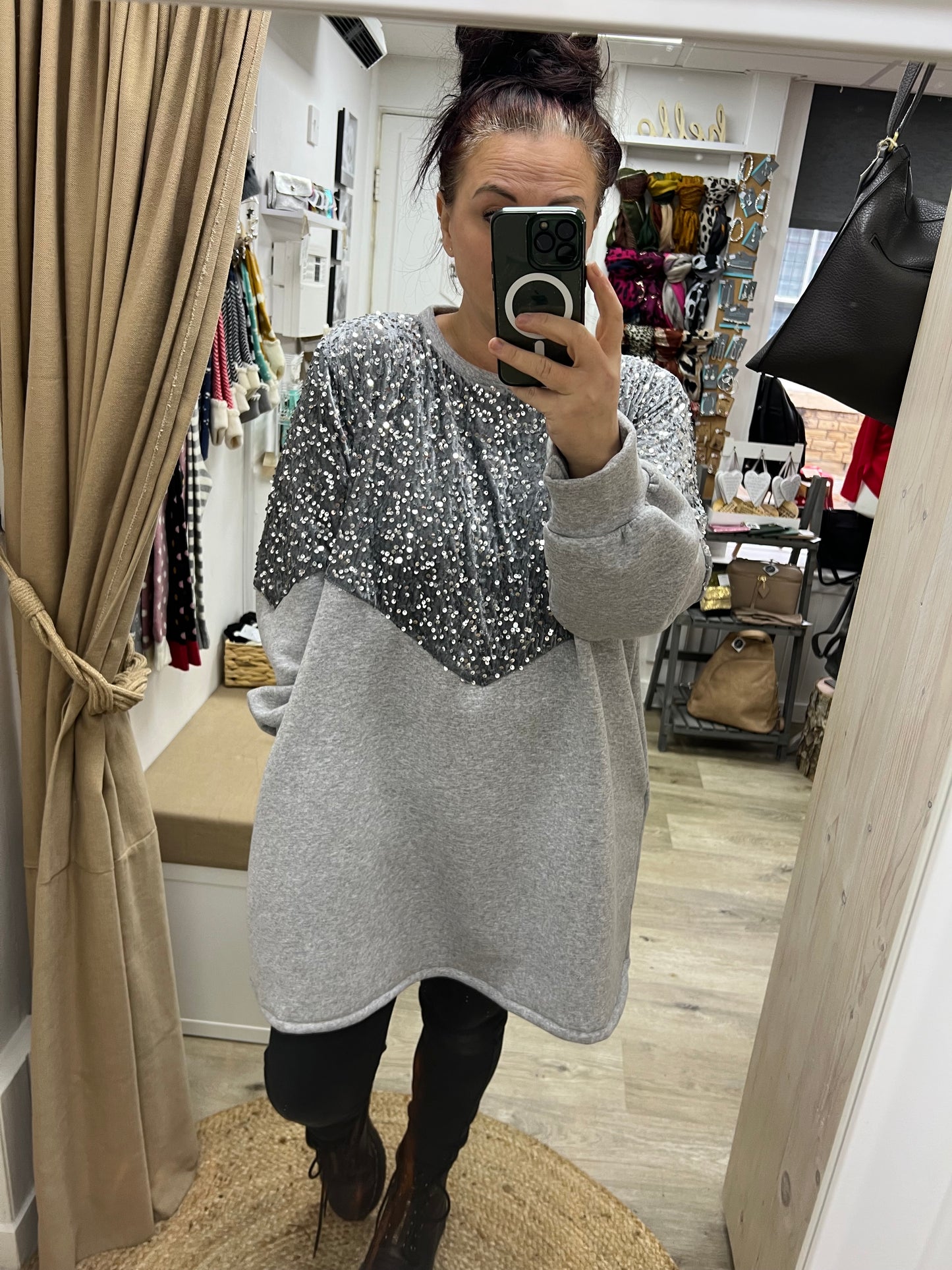 Oversized Sequin Sweatshirt with Pockets - Grey