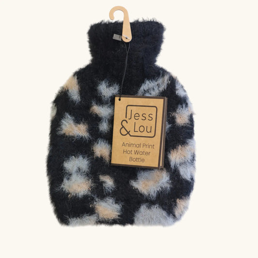 Jess & Lou Fluffy Animal Print Mini Hot Water Bottle - Black