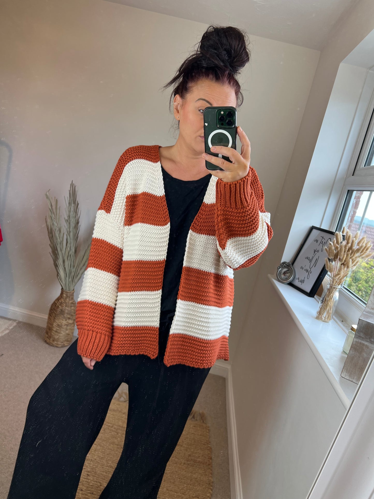 Chunky Knit Stripe Cardigan - Rust/Cream