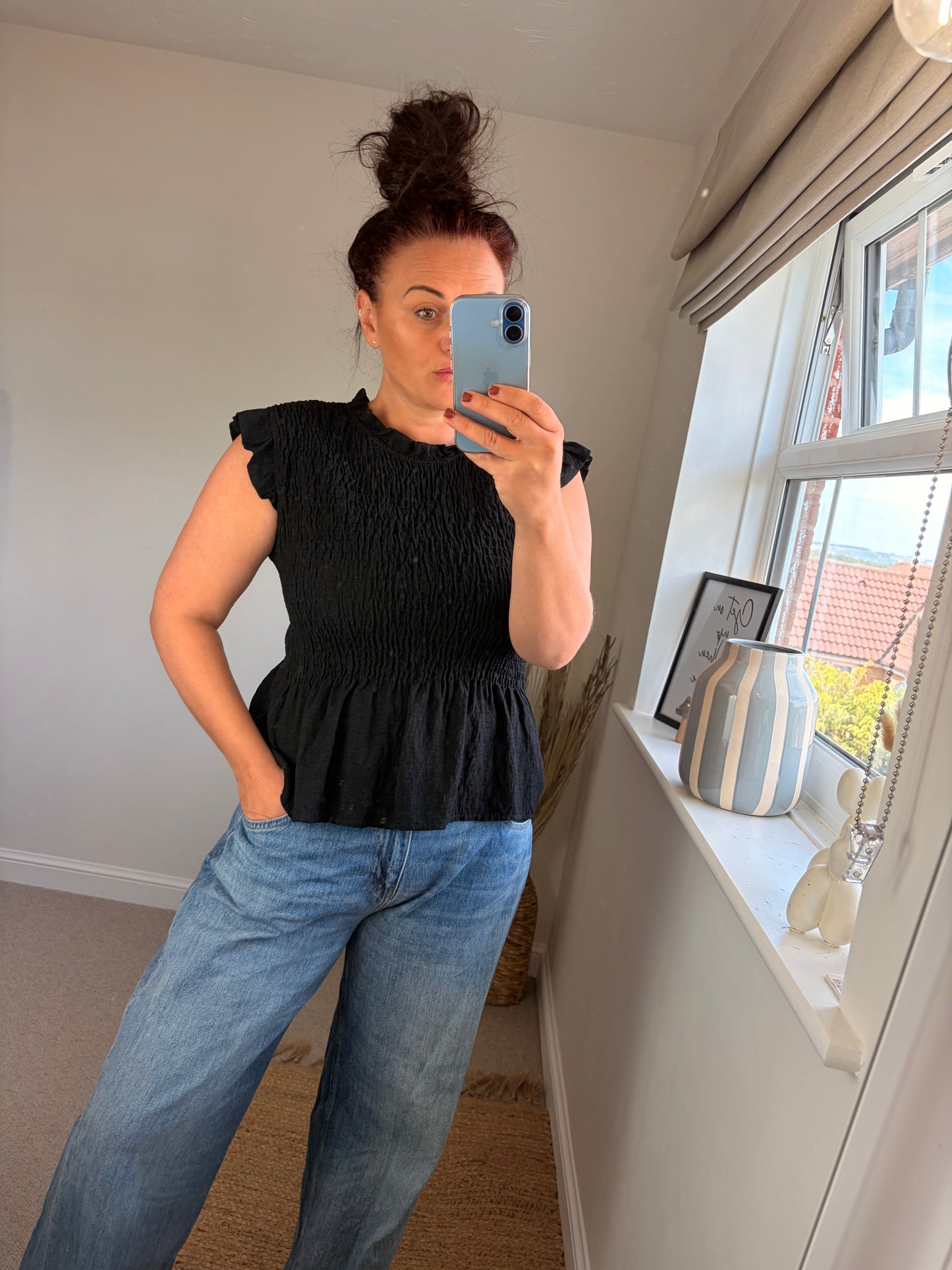 Shirred Peplum Top - Black