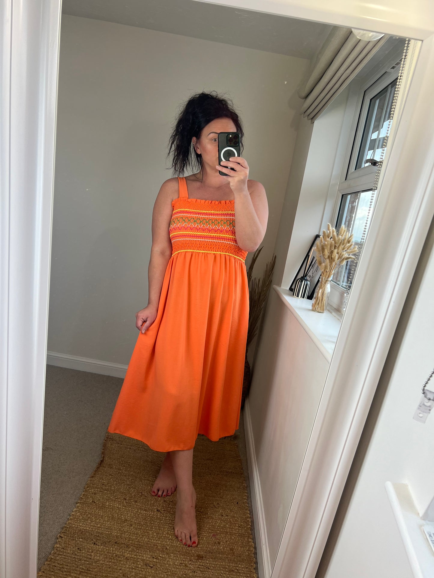 Shirred Bust Midi Dress - Orange