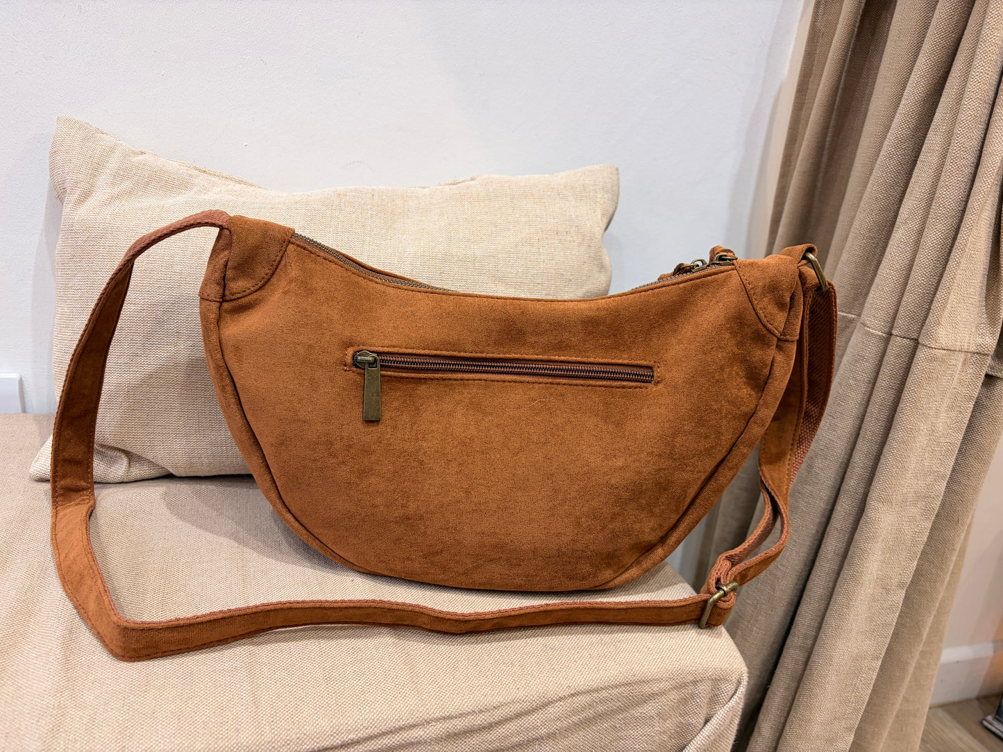 Faux Suede Half Moon Crossbody Bag - Tan