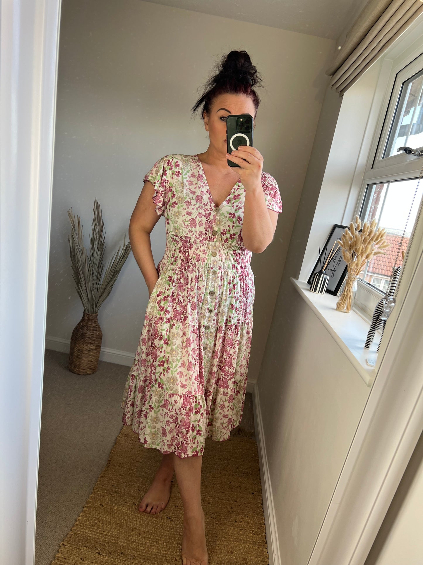 LOTTIE Midi Button Dress with Pockets - Pink Ditsy Floral