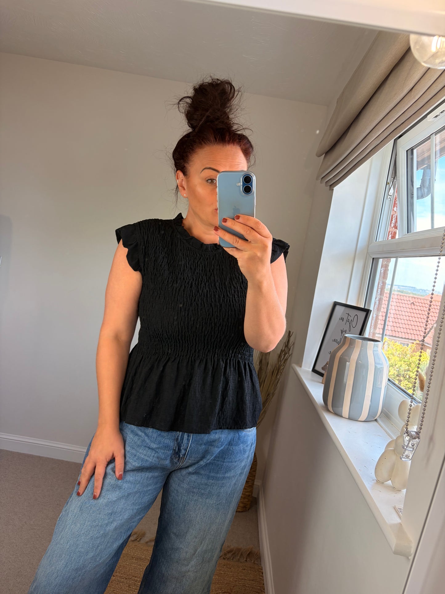 Shirred Peplum Top - Black