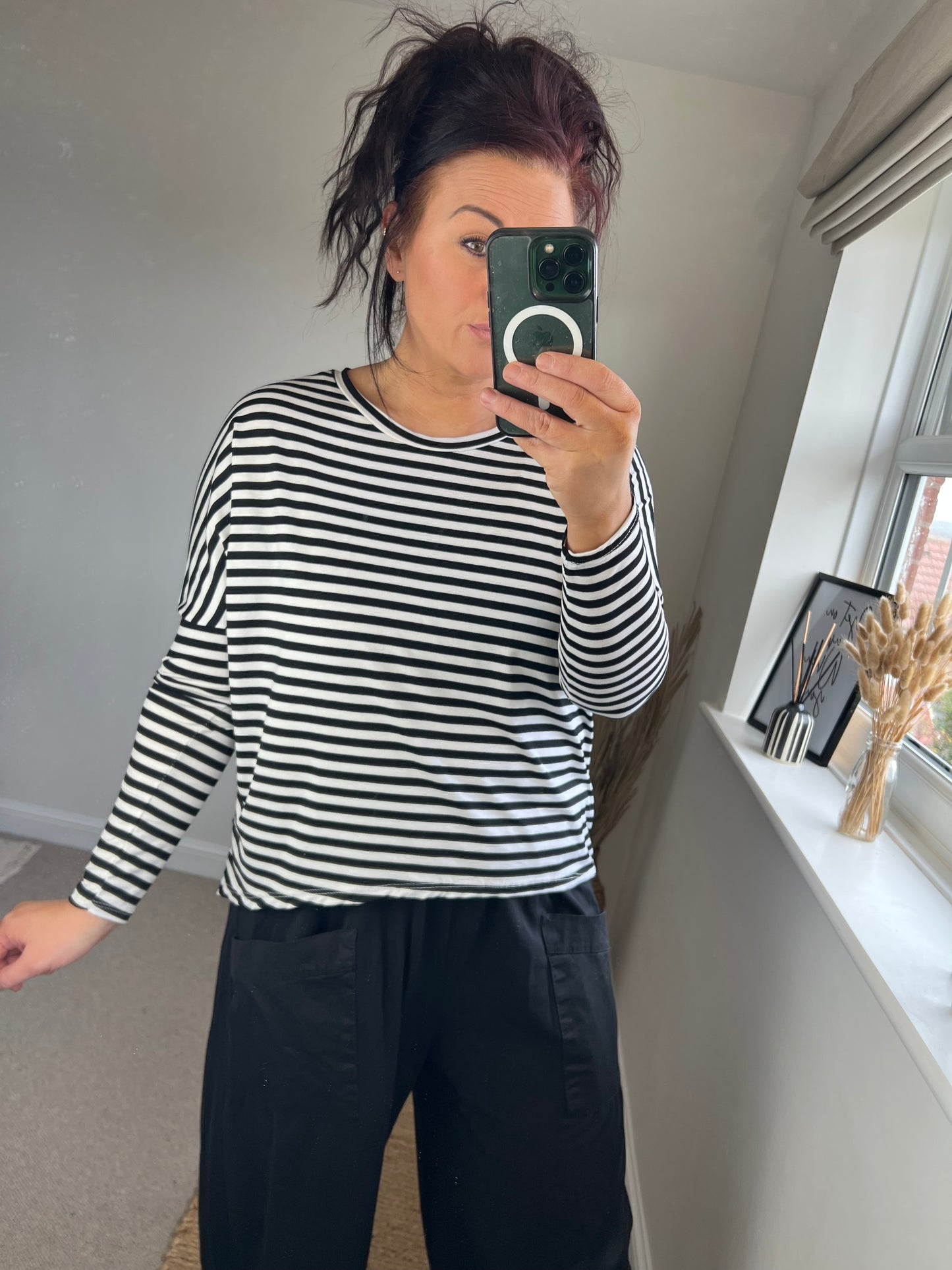 Stretchy Striped Long Sleeve Top - Black