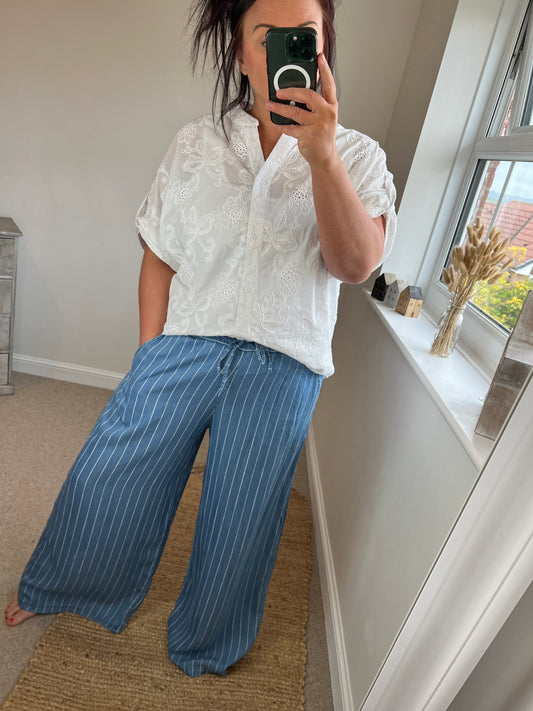Wide Leg Denim Stripe Trousers - Dark