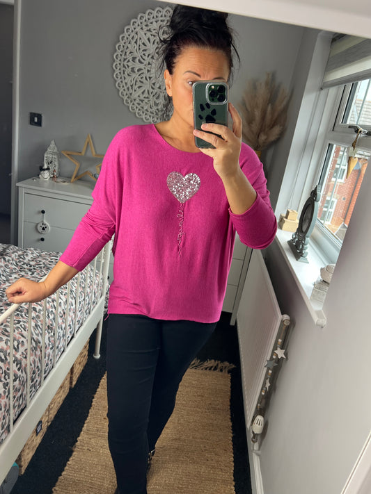 Fine Knit Sequin Heart Jumper - Cerise