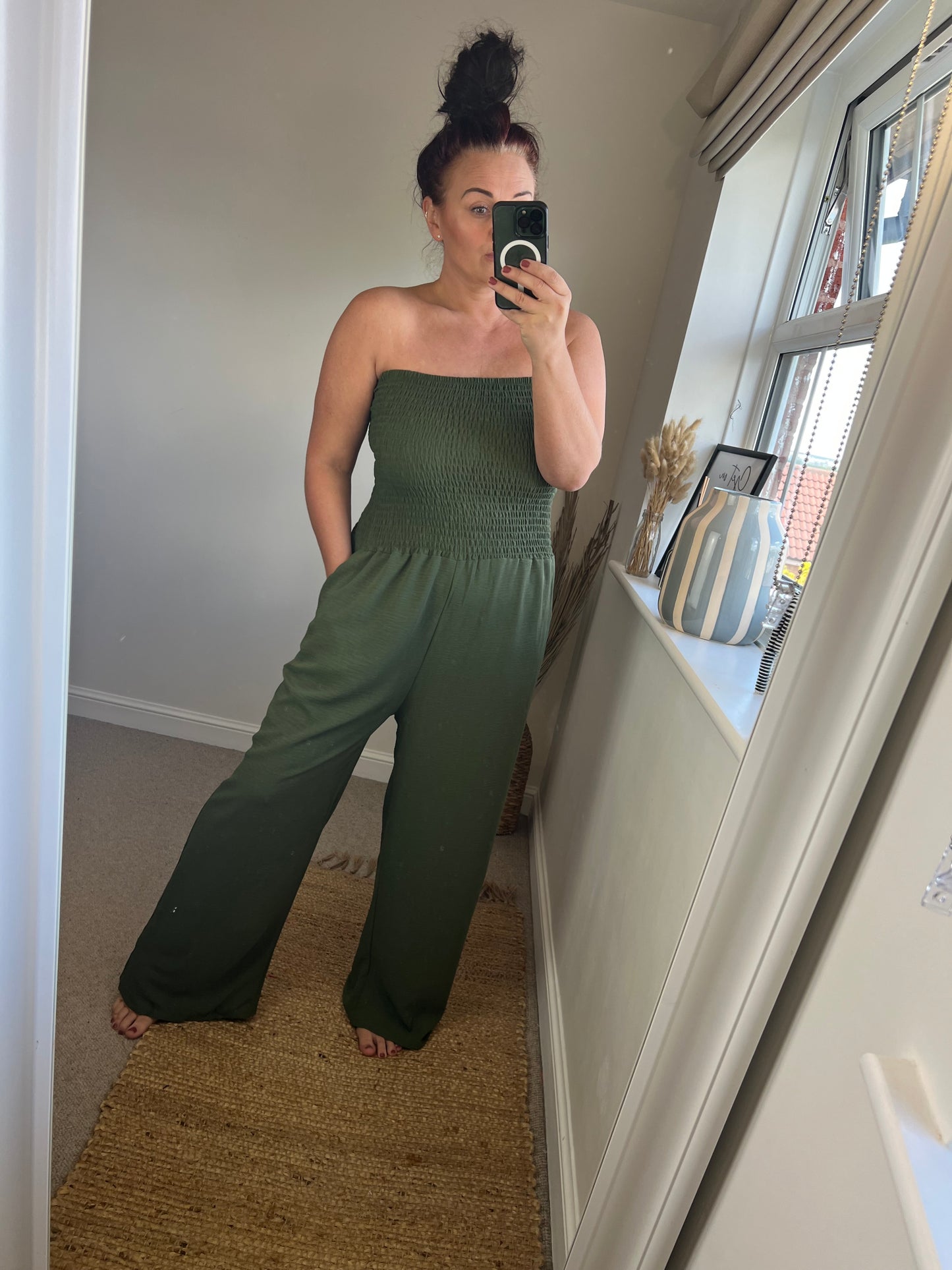 Shirred Strapless Jumpsuit - Khaki