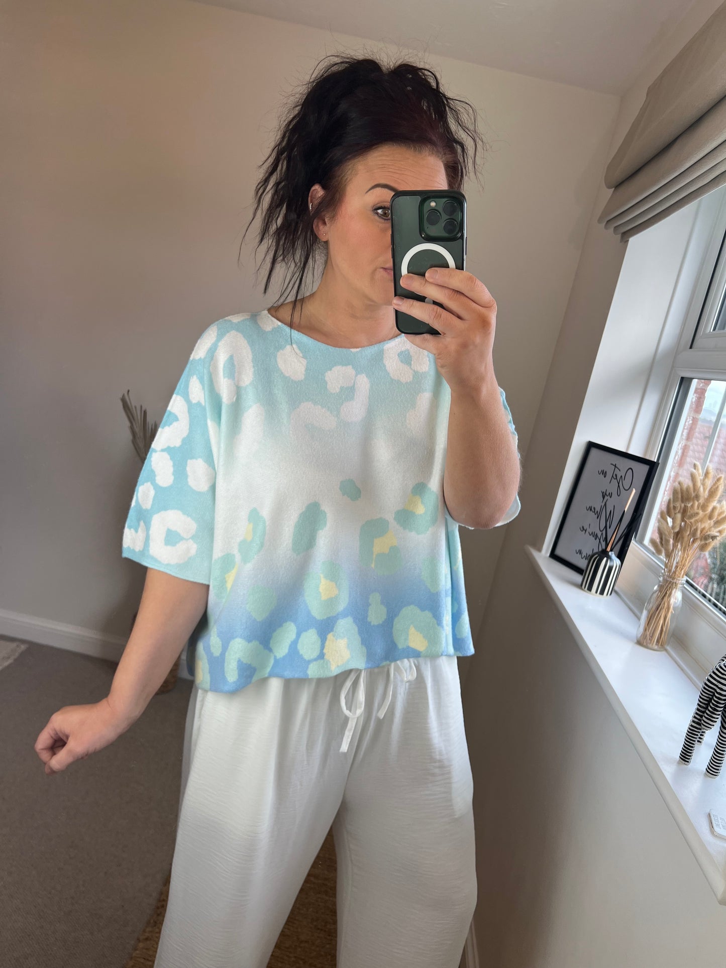 Cropped Sleeve Fine Knit Jumper - Leopard Blue