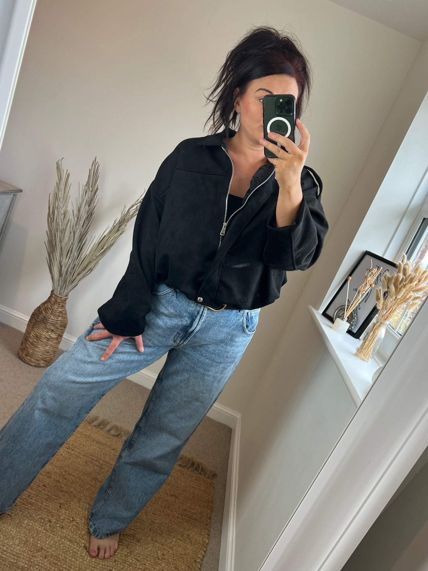 Faux Suede Oversized Bomber Jacket - Black
