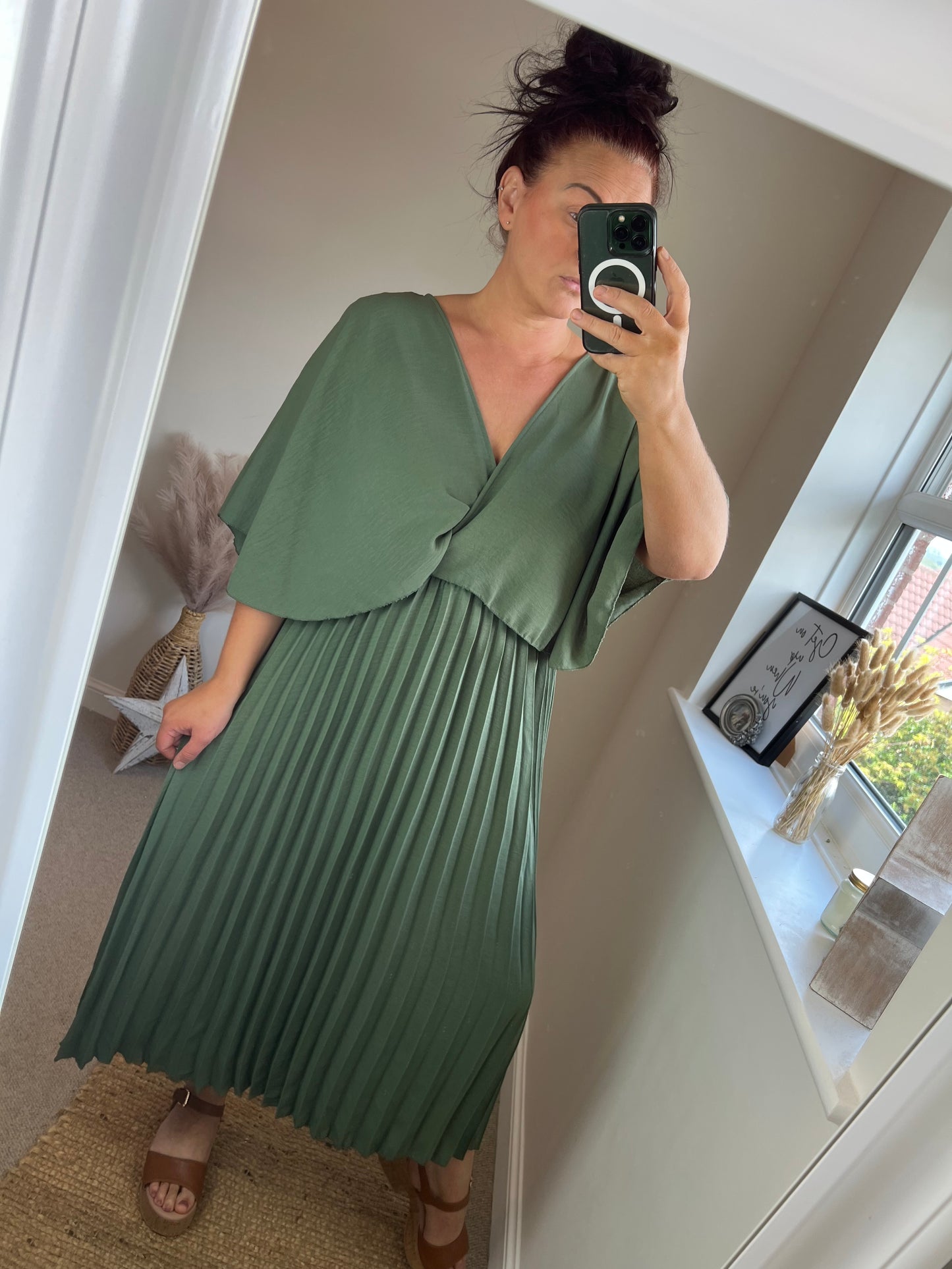 Pleated Cape Dress - Khaki