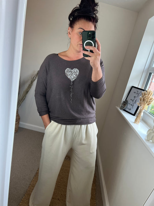 Fine Knit Sequin Heart Jumper - Chocolate
