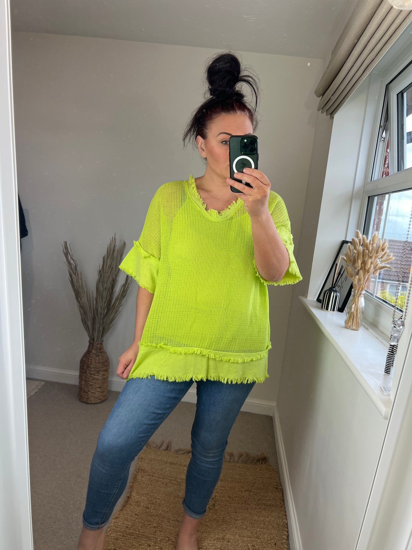 Raw Edge Mesh Top - Lime