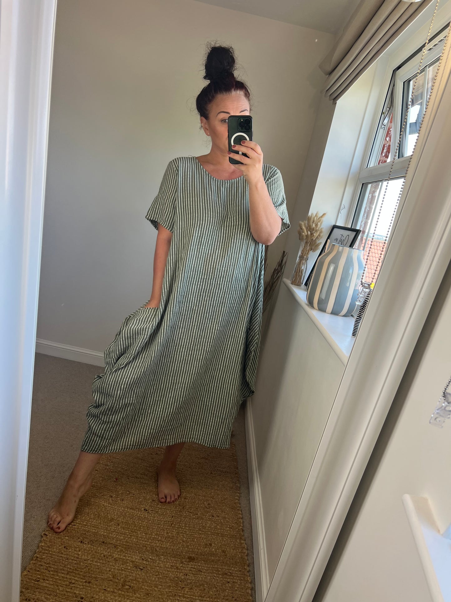 Cotton Stripe Cocoon Dress - Khaki