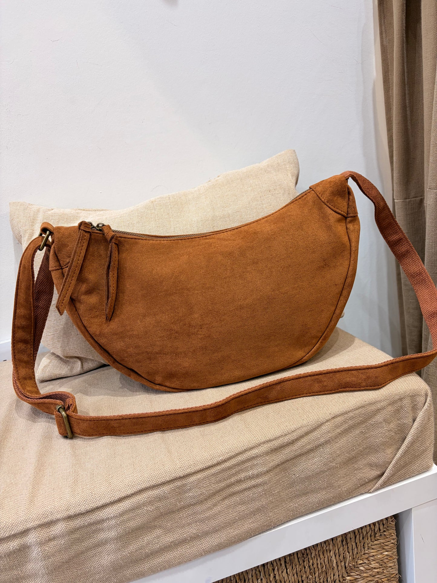 Faux Suede Half Moon Crossbody Bag - Tan