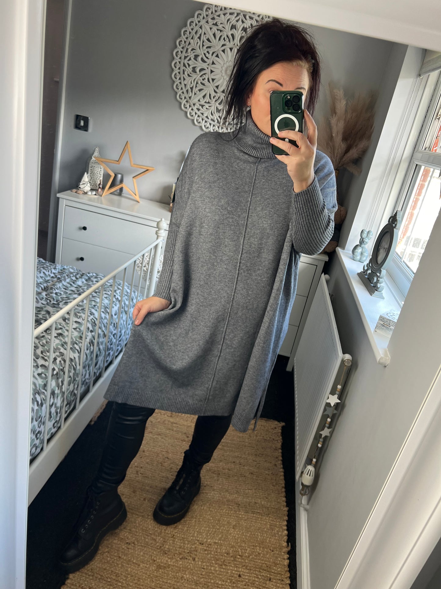 Roll Neck Jumper Dress - Grey