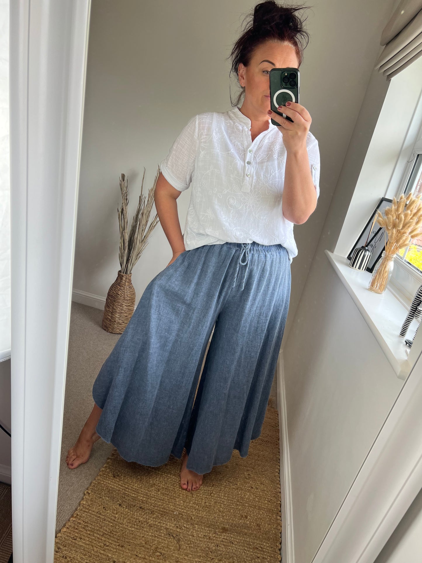 Linen Mix Floaty Trousers - Denim Blue