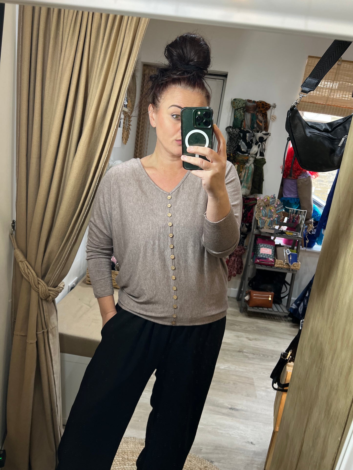 Fine Knit Tiny Button Jumper - Taupe