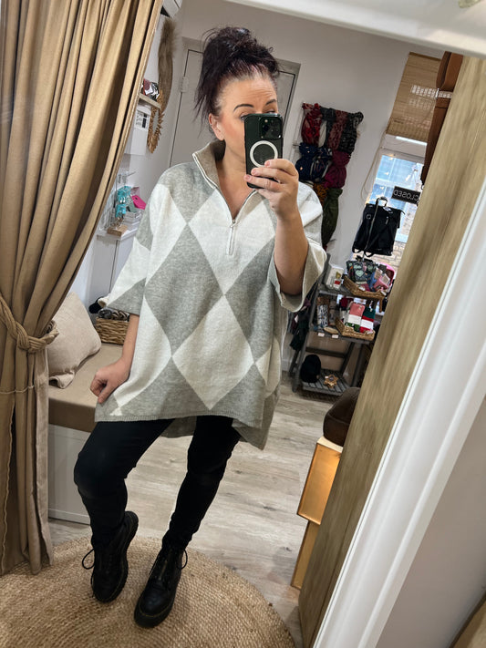 Half Zip Diamond Jumper - Grey