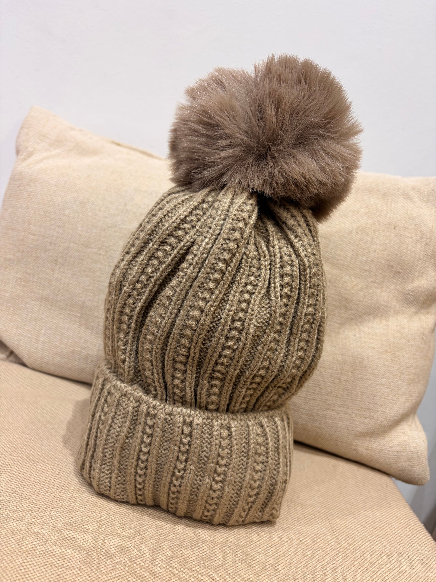 Fleece Lined Pom Pom Hat - Beige