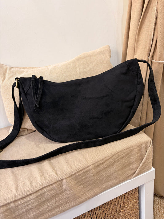 Faux Suede Half Moon Crossbody Bag - Black