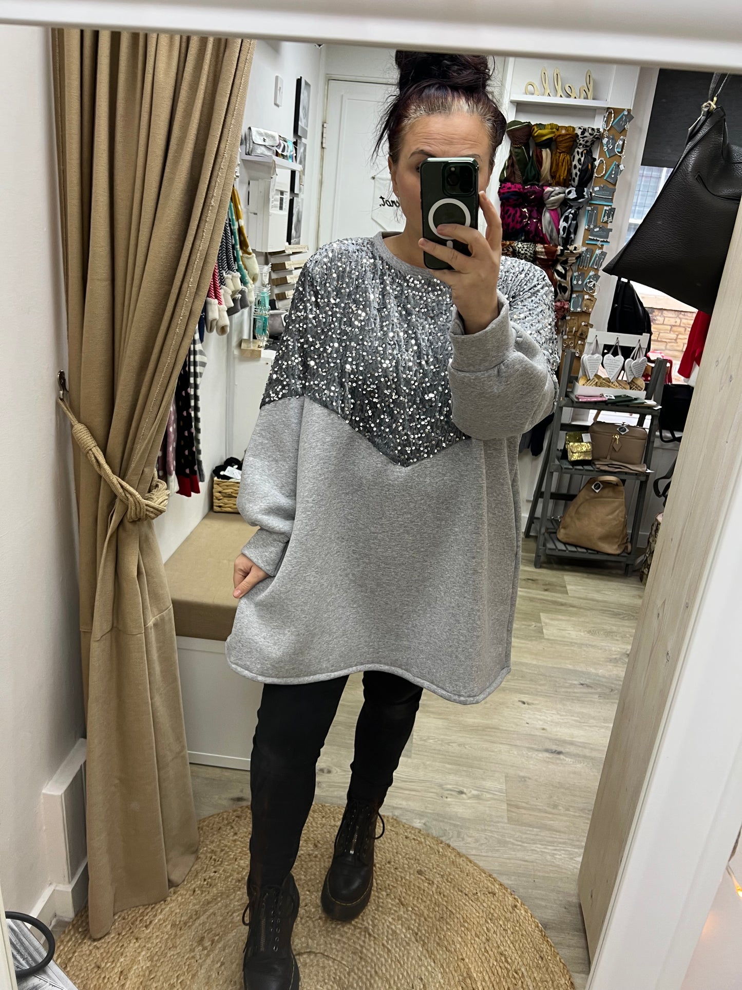 Oversized Sequin Sweatshirt with Pockets - Grey