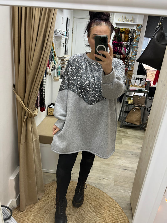 Oversized Sequin Sweatshirt with Pockets - Grey