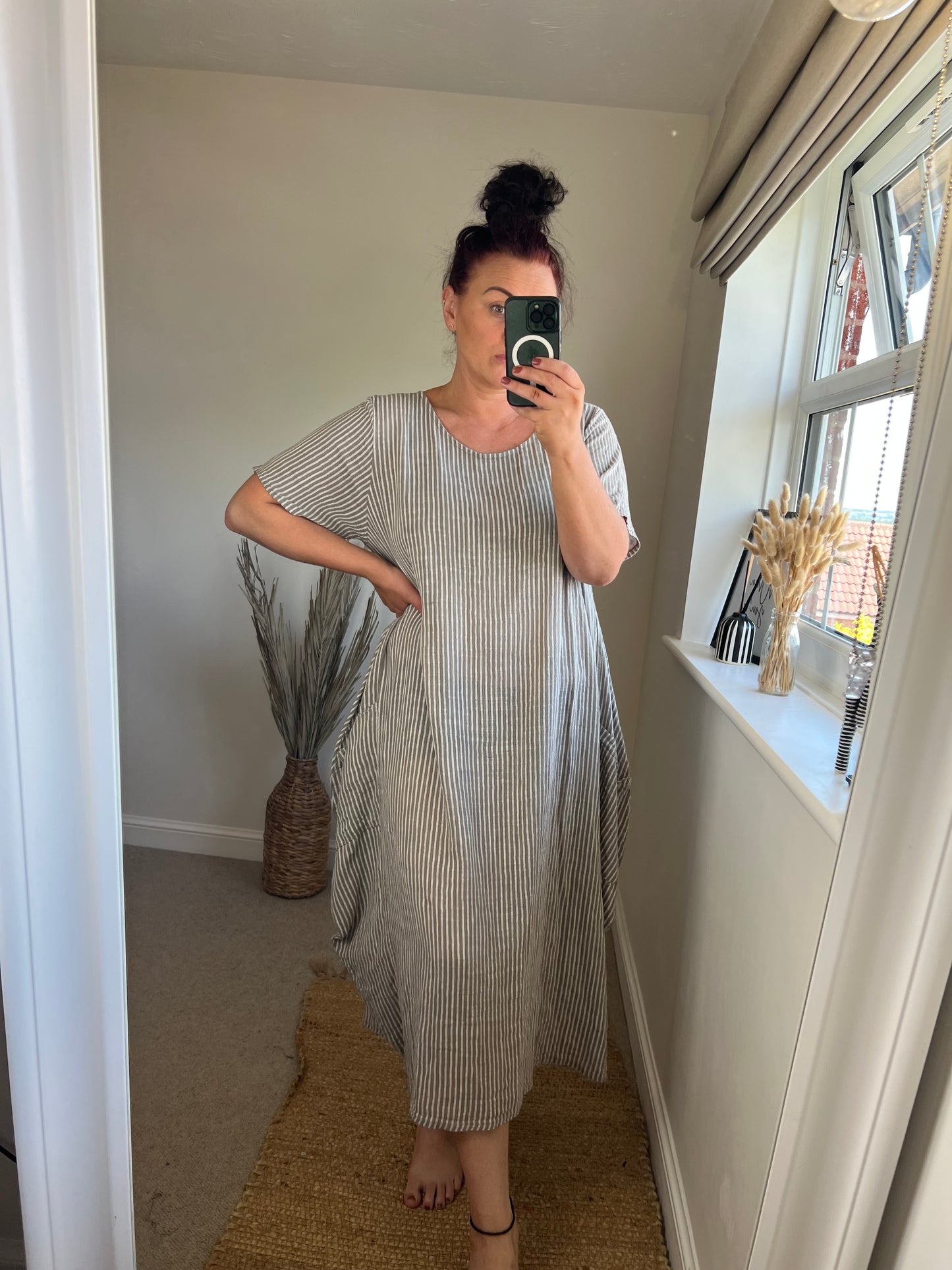 Cotton Stripe Cocoon Dress - Taupe