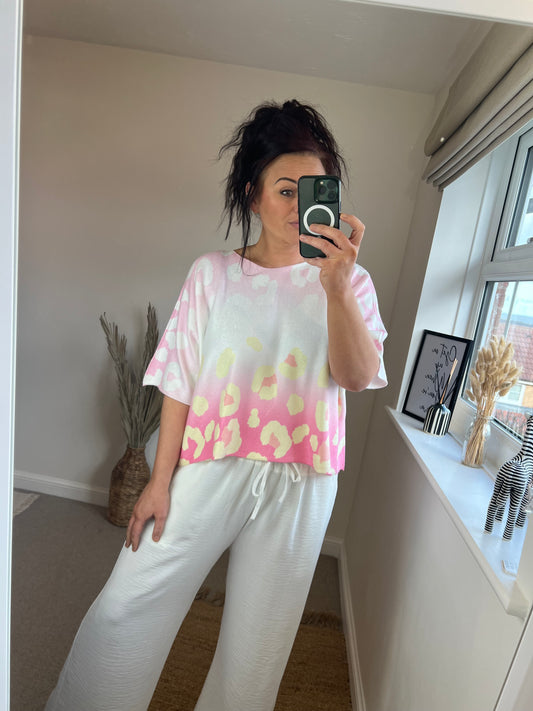 Cropped Sleeve Fine Knit Jumper - Leopard Pink