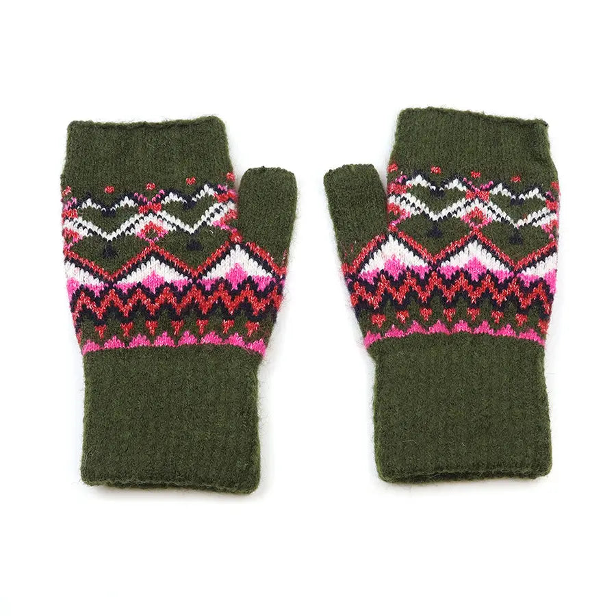 Fair Isle Fingerless Gloves - Khaki
