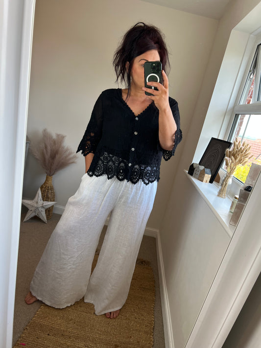 Wide Leg Linen Trousers - White
