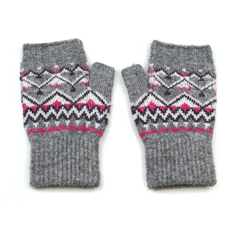 Fair Isle Fingerless Gloves - Grey