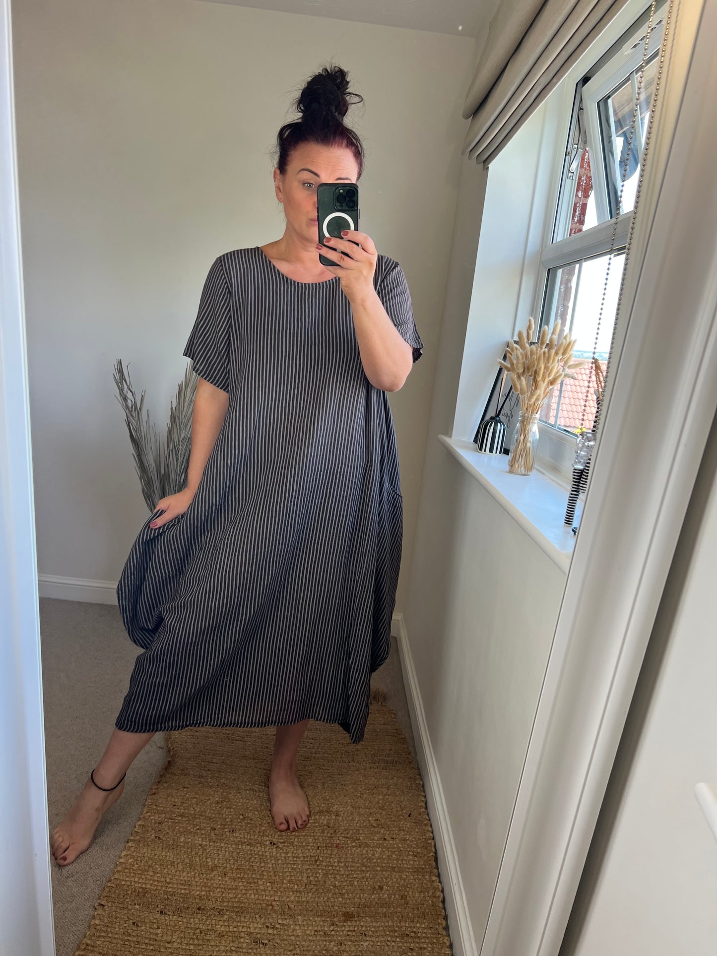 Cotton Stripe Cocoon Dress - Chocolate