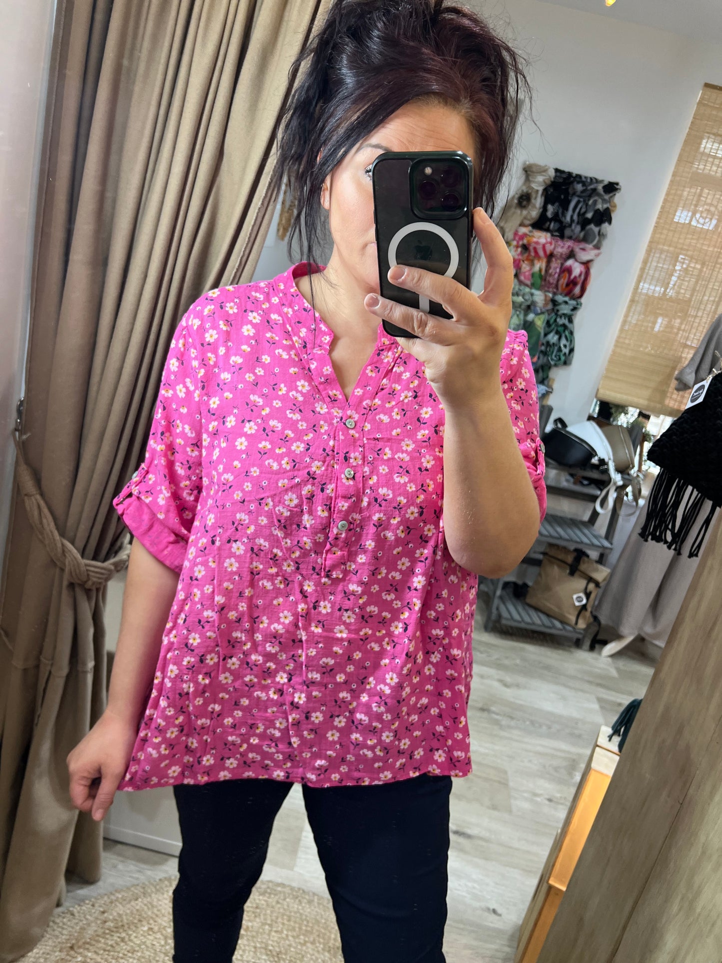 SANDY Cotton Shirt - Ditsy Floral Cerise