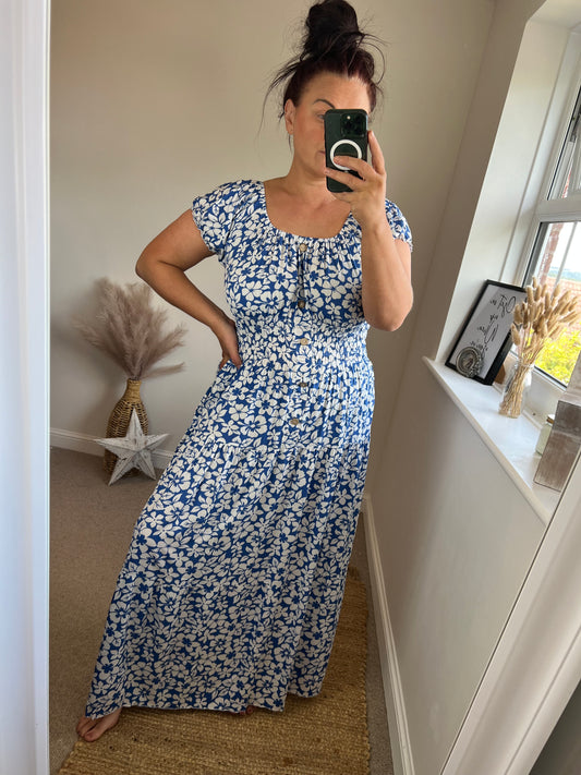 STEVIE Maxi Button Dress with Pockets - Blue/White Flowers