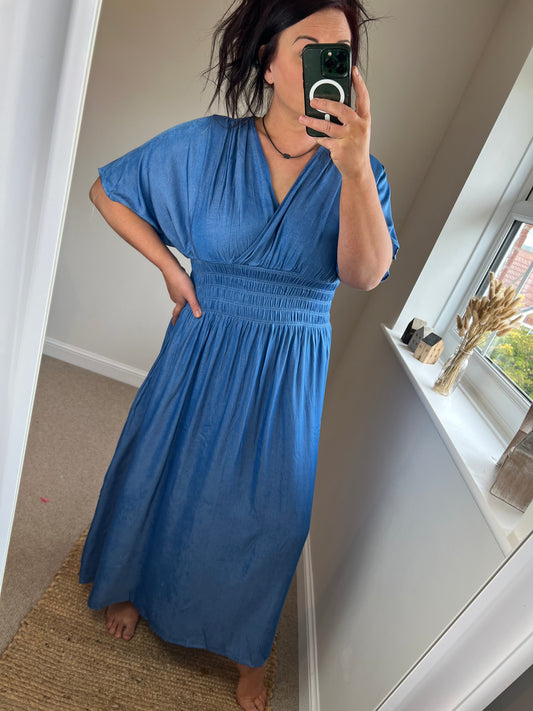 Shirred Waist Denim Maxi Dress - Light