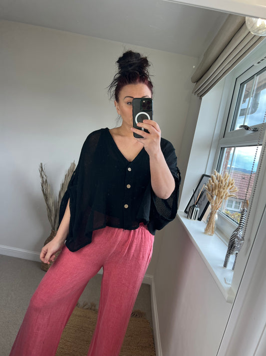 Waffle Button Top - Black