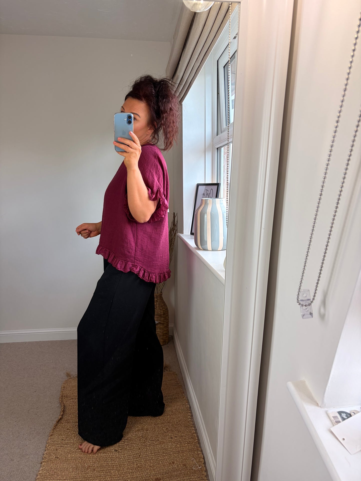 Cotton Ruffle Trim Top - Wine