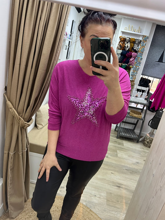 Fine Knit Embellished Star Jumper - Cerise