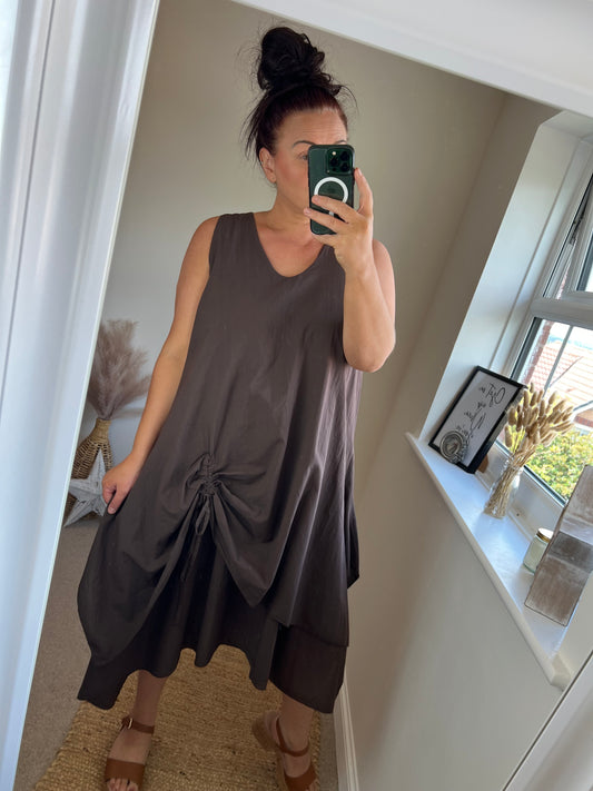 Hanky Hem Drawstring Dress - Chocolate