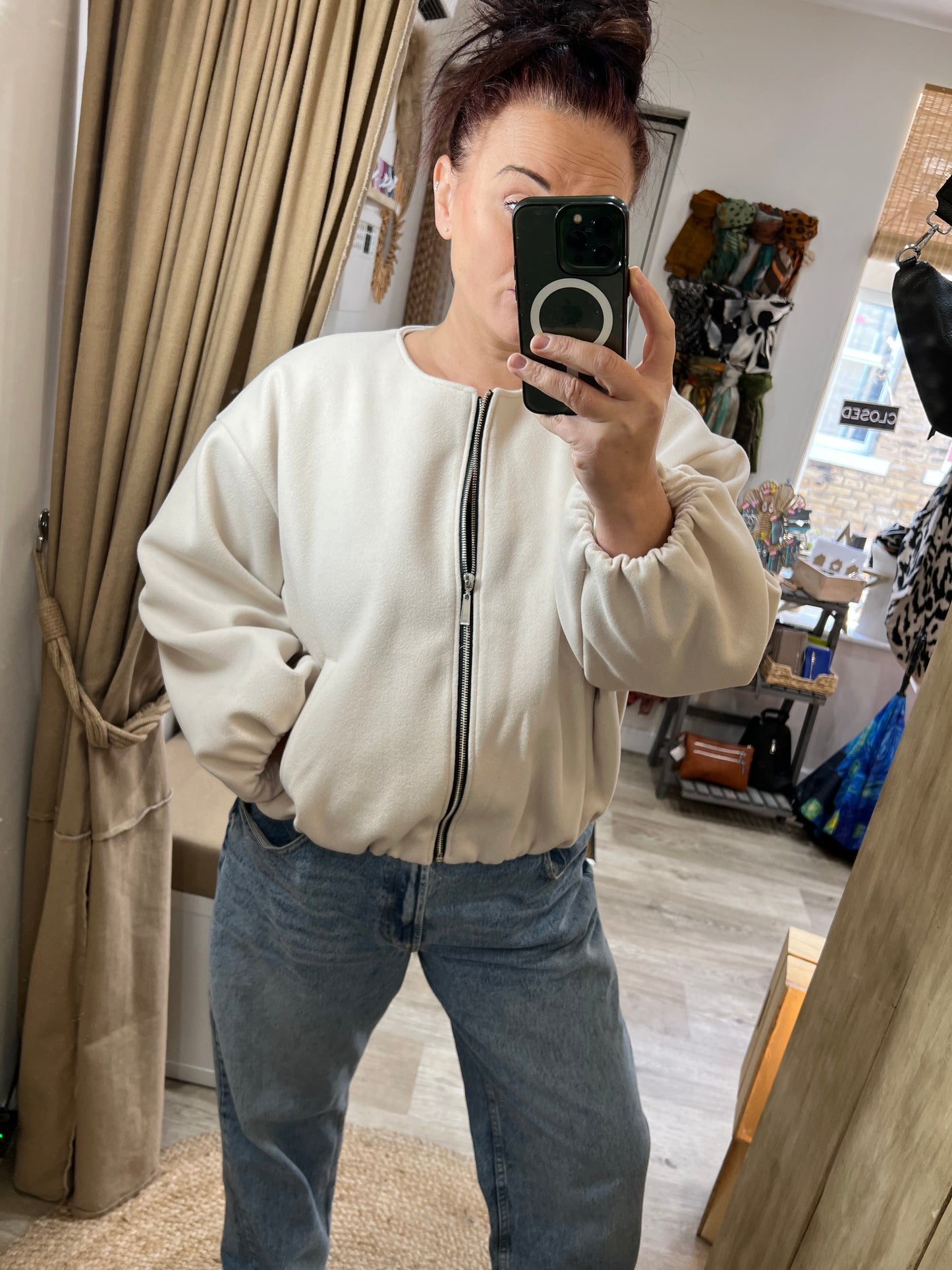 Collarless Bomber Jacket - Cream